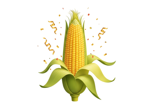 A ripe ear of corn with green husks and golden confetti isolated on transparent background