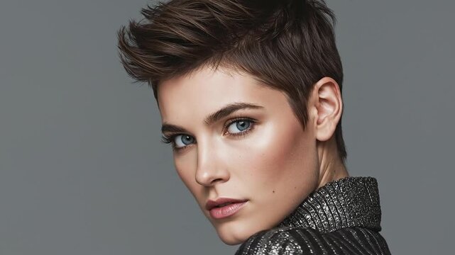 Captivating Portrait of a Confident Woman with Short Spiky Hair and Intense Blue Eyes Gaze Over Shoulder