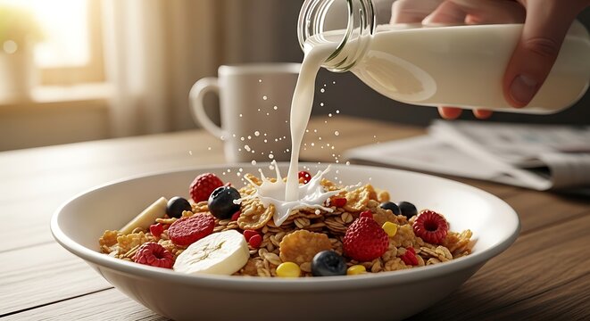 Healthy breakfast cereal with fresh berries and milk pouring from bottle - Powered by Adobe