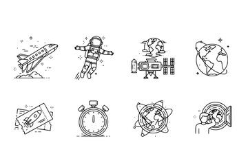 Space Tourism & Suborbital Flight Black Silhouette Icon Set: Passenger Spaceship, Space Tourist, Earth from Orbit, and Space Station Outline Vectors.
