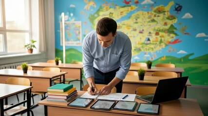 A classroom scene featuring a man at a desk with books, a laptop, and tablets. A colorful world map is on the wall - Powered by Adobe