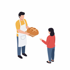 Flat Isometric Baker Giving Bread to Customer Illustration
