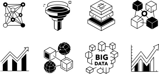 Data Science & Analytics Black Silhouette Abstract Icon Set: Network Nodes, Machine Learning Funnel, Big Data Cluster, and Trending Line Graph Vectors.