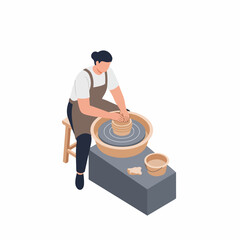 Isometric Detailed Woman Shaping Clay on Potter Wheel Art Illustration
