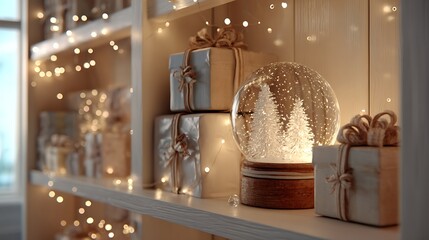 Christmas gifts and snow globe with christmas trees on a shelf