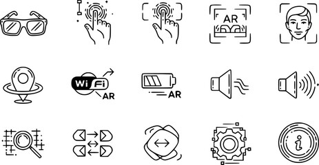 Augmented Reality (AR) & Smart Glasses UI Black Silhouette Line Art: Holographic Hand Interaction, Facial Scan, and AR Overlay UI Icons for Tech.