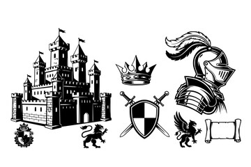 Medieval History & Heraldry Black Silhouette Vector Set: Castle, Knight Profile, Crown, and Coat of Arms Detailed Educational Graphics.
