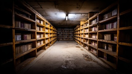 Obraz premium echo. Abandoned underground library with maze-like bookshelves extending into dusty darkness. STEM education sheets, lab safety posters, designed for STEM education and laboratory safety posters. 