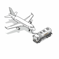 Isometric Outline Airplane Refueling with Fuel Tank Truck Transportation Illustration