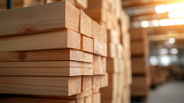 Stacks of precisely cut lumber, ready for construction projects. Warm tones and detailed grain patterns enhance its natural appeal. A rustic and reliable material.