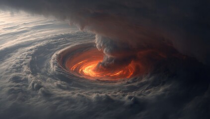 Powerful swirling storm with dark clouds and orange center perspective
