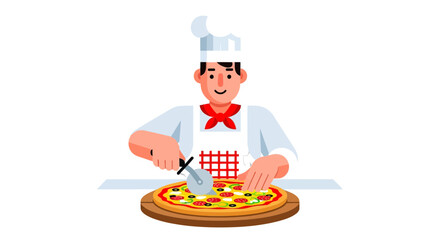 Chef Slicing Freshly Baked Pizza on a Wooden Board with Perfect Ingredients