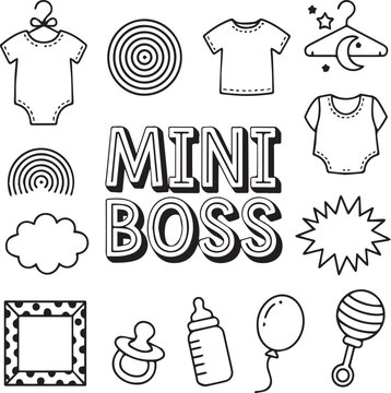 Black and white line art collection of baby items and text mini boss infant clothing