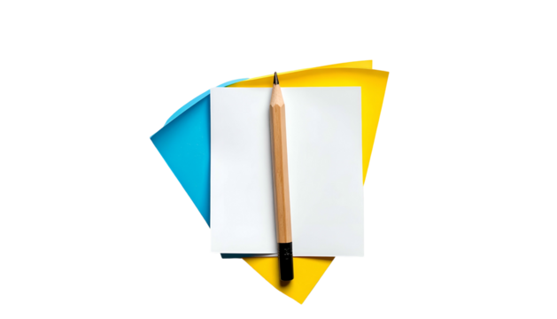 A pencil rests on stacked white paper atop yellow and blue sheets against a black backdrop