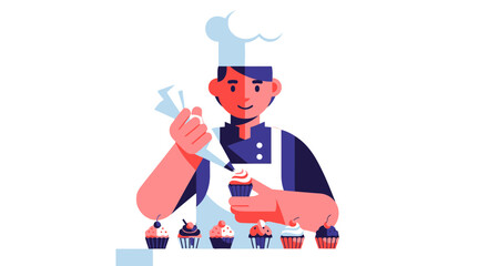 Chef Decorating Cupcakes: A Vibrant Illustration Of Bakery Artistry And Sweet Treats