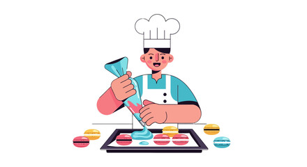 Chef Decorating Macarons On Baking Sheet With Colorful And Delicious Dessert Elements