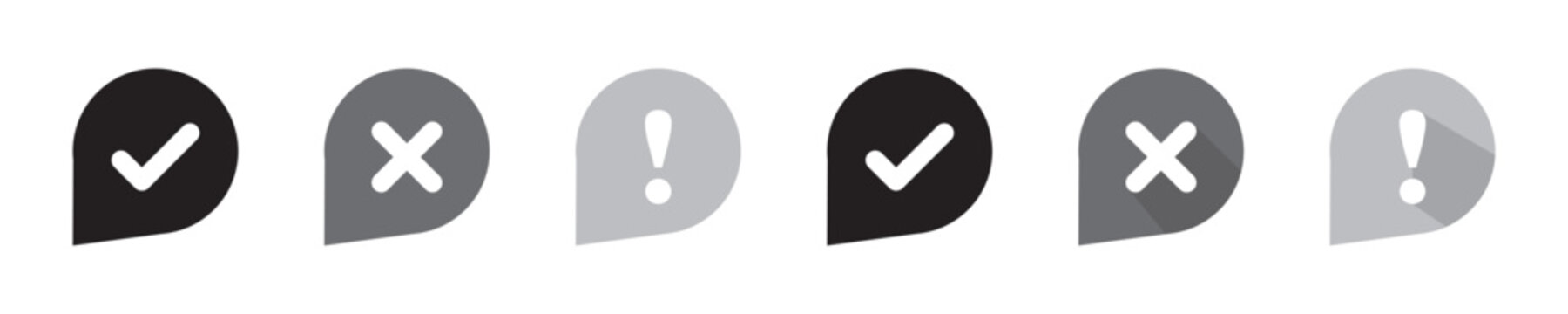 Right or wrong icons. Green tick and red cross checkmarks in circle flat icons. Yes or no symbol, approved or rejected icon for user interface.