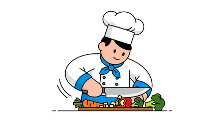 Chef Prepares Fresh Ingredients For Culinary Creation In Vibrant Illustrated Style.