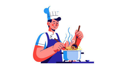 Chef Preparing Culinary Delights with Pasta Cooked on a Stove with Illustration
