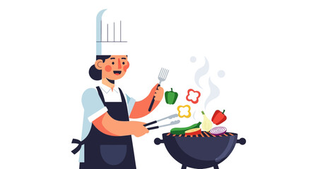 Chef Preparing Delicious Grilled Food On A Barbecue Under A Dark Background