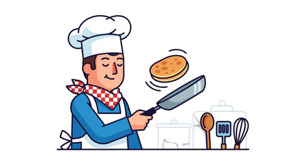 Chef Preparing Delicious Golden Pancake Cooking In Kitchen For Breakfast Or Brunch