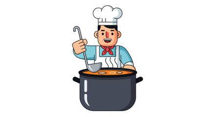 Chef Preparing Delicious Soup in Large Pot Isolated on Black Background