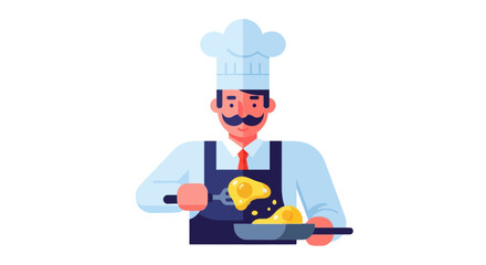 Chef Preparing Eggs in Pan, Culinary Illustration with Black Background and Flat Design