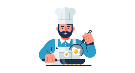 Chef Preparing Eggs in Pan, Perfect Breakfast Cooking Process Illustration