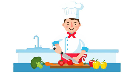 Chef Preparing Fresh Vegetables Illustrating Culinary Processes with Kitchen Utensils