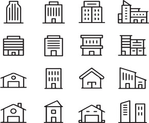 Naklejka premium Collection of simple black outline building icons representing houses and skyscrapers house icon skyscraper icon