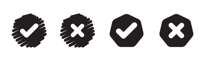 Tick, cross icon button set. Yes or no symbol, approved or rejected icon for user interface.