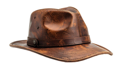 Close-up of a weathered, brown leather hat with a circular side button