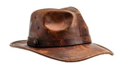 Close-up of a weathered, brown leather hat with a circular side button