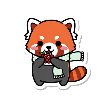Cute red panda wearing a scarf and eating berries, isolated on white background