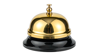 Shiny, golden bell atop a black base, reflecting light against a black background
