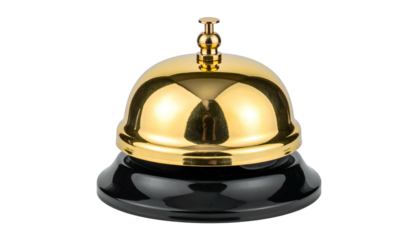 Shiny, golden bell atop a black base, reflecting light against a black background
