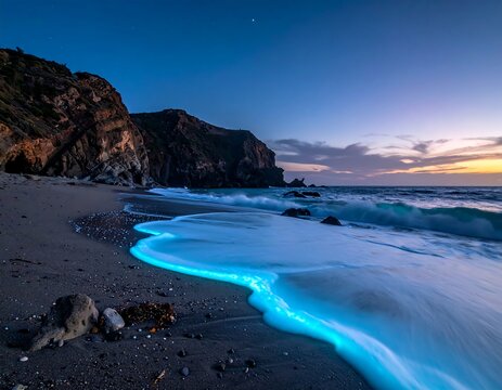 Ocean waves with bioluminescence on a sandy beach at twilight