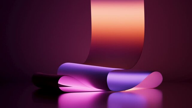 Neon paper scroll with animated gradient flowing smoothly, shimmering and morphing in a loop. 3D render motion.