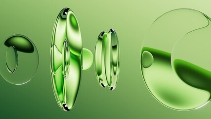 cyclic 3d animation. Abstract green minimalist aesthetic background. Round glass lenses floating on air, arranged in a row, spin and rotate - Powered by Adobe
