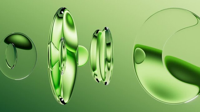 cyclic 3d animation. Abstract green minimalist aesthetic background. Round glass lenses floating on air, arranged in a row, spin and rotate