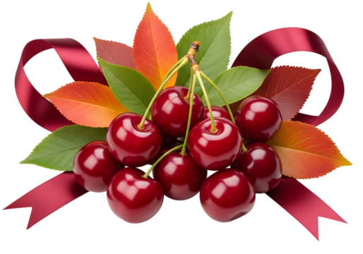 Fresh ripe cherries with green and red leaves and red ribbon, isolated on transparent background