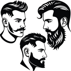 Three diverse men showcase stylish beards and haircuts in a bold monochrome profile