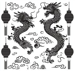 A black and white modern illustration of Chinese lanterns and a Chinese dragon