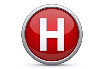 Obraz premium Glossy Red Circular Button with White Letter H Symbolizing Hospital, Healthcare, Medical Emergency, Helicopter Landing Pad, and First Aid Services