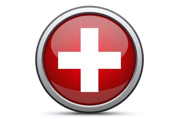 Obraz premium Glossy Red Circular Button with White Cross Symbol Representing Medical Aid, First Assistance, Healthcare, Pharmacy, Emergency Services, and the Swiss Flag on a White Background