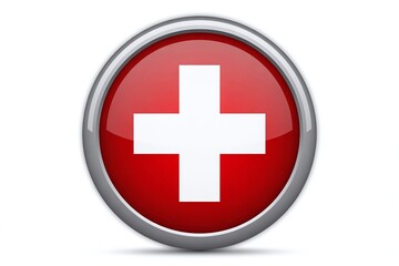 Obraz premium Glossy Red Circular 3D Icon with White Medical Cross Symbol Representing Healthcare Services, First Aid, Pharmacy, and Swiss Identity