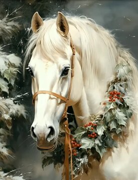 A beautiful white horse adorned with a festive Christmas wreath stands gracefully, symbolizing purity, renewal, and hope for the coming New Year. The image captures a magical winter atmosphere and hol