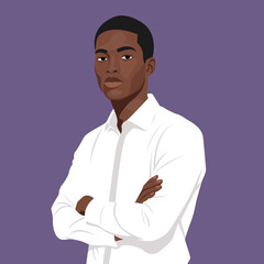 Confident African American Businessman Vector Portrait in White Shirt and Crossed Arms