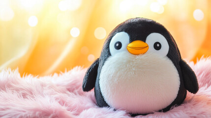 Naklejka premium Adorable plush penguin on pink fur blanket with golden background