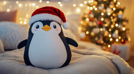 Stuffed penguin with santa hat on bed and christmas lights